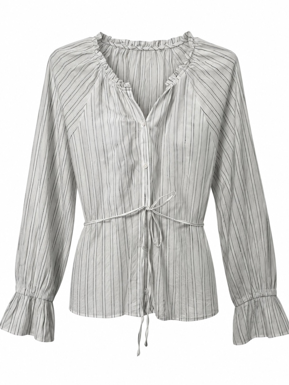 J. Crew white w/black pinstripes 100% cotton belted ruffle sleeve shirt size M